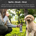 Load image into Gallery viewer, Goldendoodle sitting in grass while owner holds Play Date leave-in conditioner spray with grooming instructions overlayed